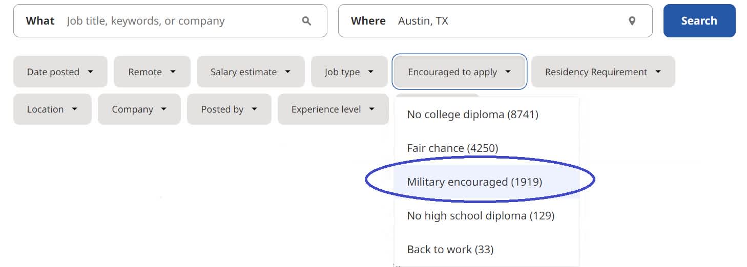 Indeed screen to search for jobs with "Military encouraged"