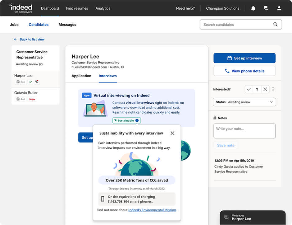 Example of a screenshot showing the GHG emissions saved by choosing virtual interviews through Indeed Interviews.