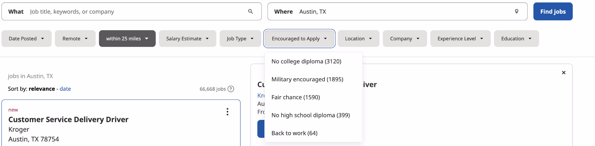 A screenshot of the Indeed search page showing the pulldown where users can choose to filter jobs to find ones without higher education requirements