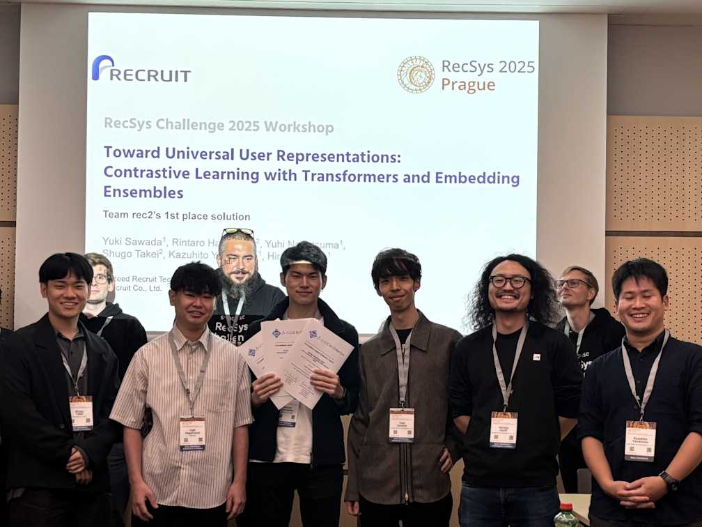 Group photo of the six “rec2” team members in Prague after their RecSys 2025 workshop presentation (Shugo Takei, Yūhi Nagatsuma, Rintaro Hasegawa, Yuki Sawada, Hiromu Auchi, Kazuhito Yonekawa)