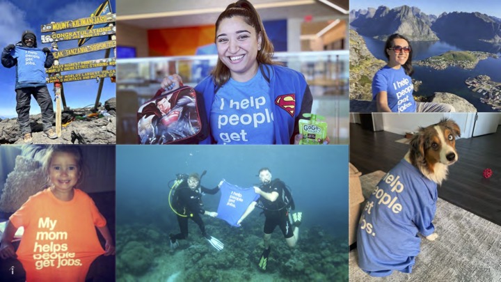 「I help people get jobs」と書かれたIndeedのTシャツを着た人々の写真コラージュ