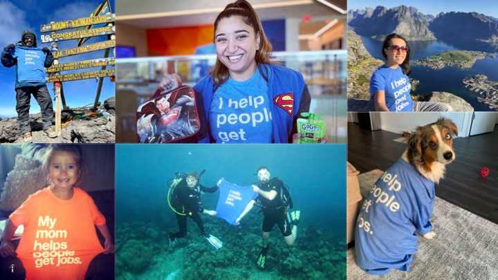 A collage of people (and a dog) wearing Indeed T-shirts that read “I help people get jobs”