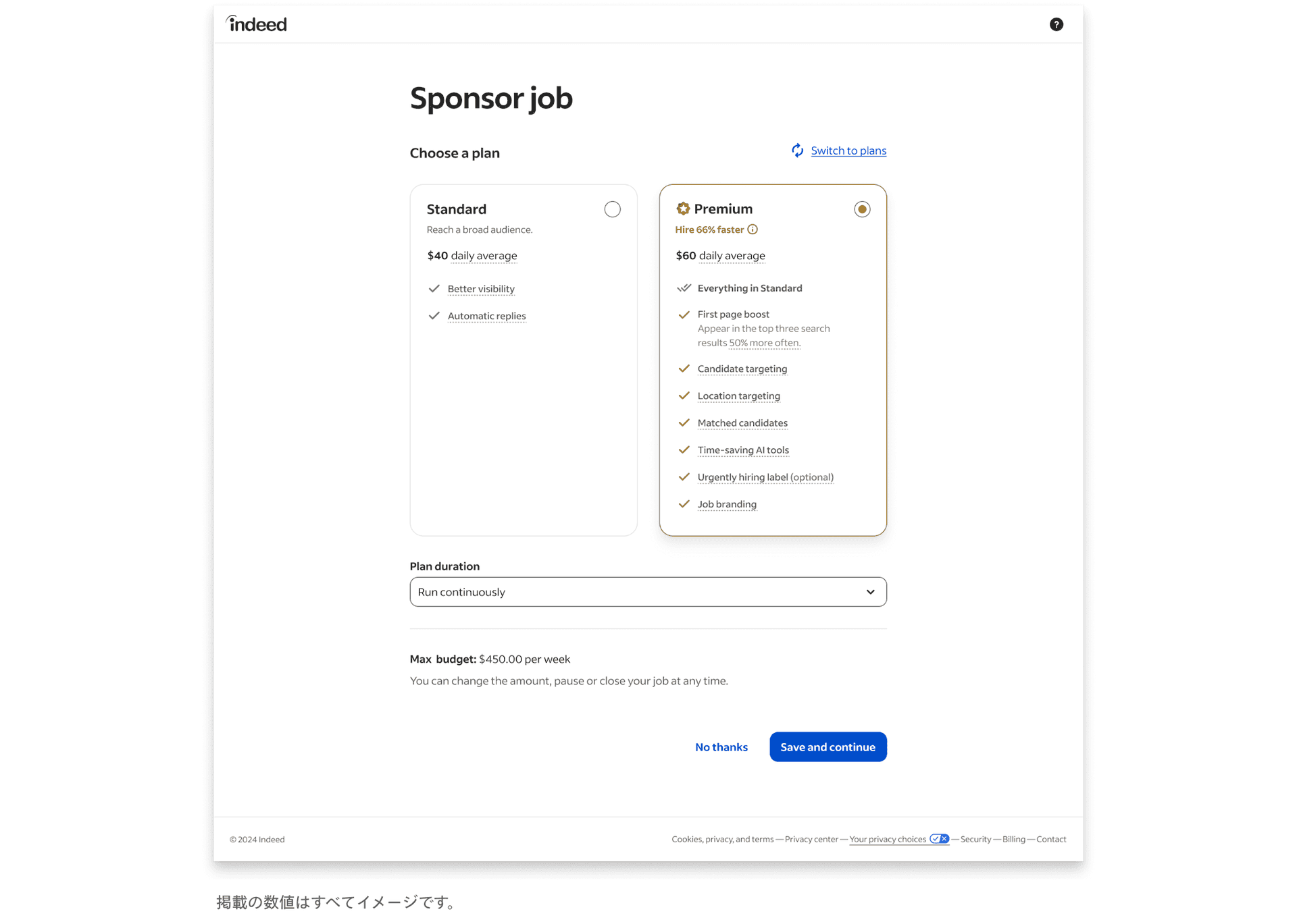スポンサー求人の画面。掲載の数値はすべてイメージ。